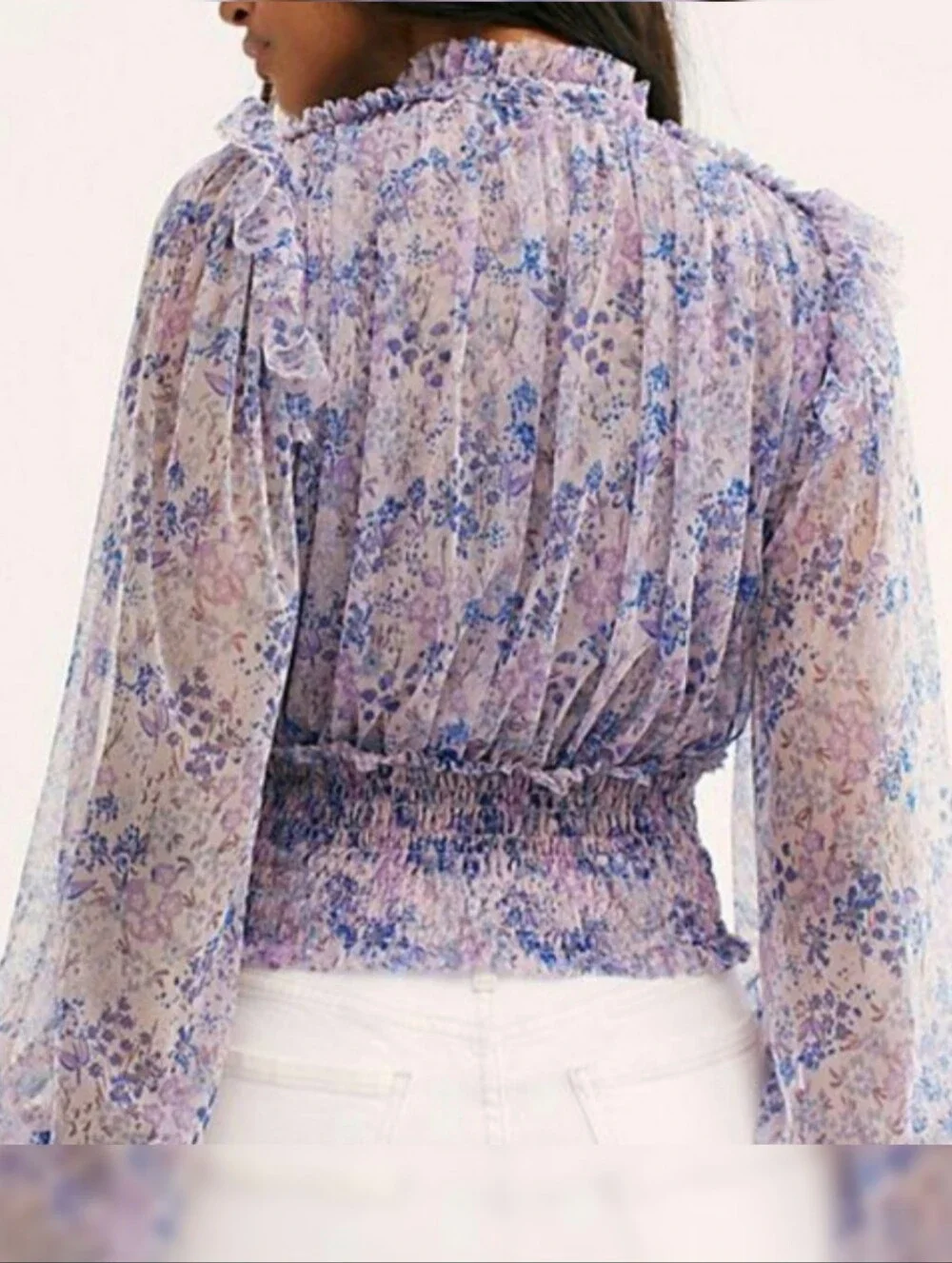 Free People Twyla Smocked Floral Lavender Ruffle Tie-Neck Blouse Womens Size XL